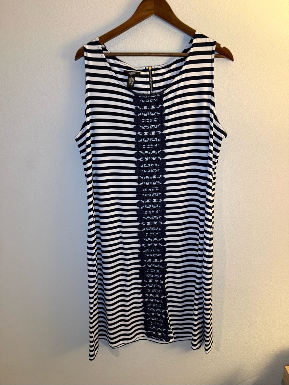 Alfani Navy and White Striped Sleeveless Tank with Lace Center